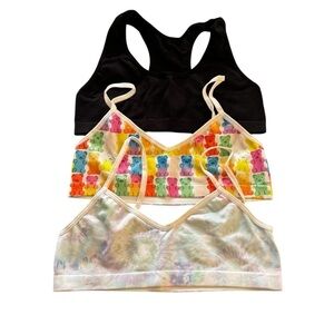3 sports bras, black, green/purple tie die, multi color teddy bears, stretchy L.